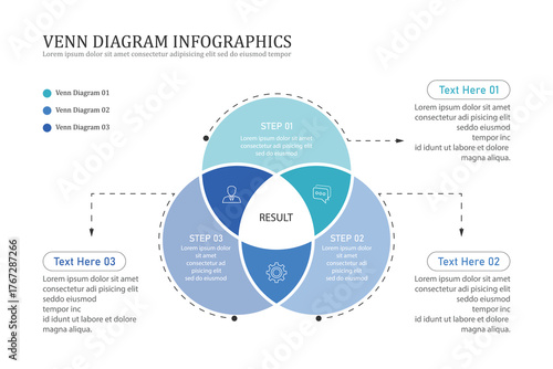 Venn diagram infographic chart template for business 3, 4, parts, options, presentation with venn diagram elements vector illustration.