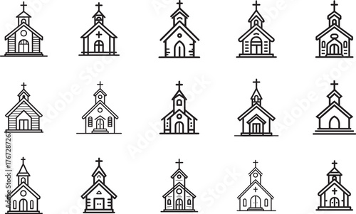 Collection of fifteen simplistic black and white church building outline icons