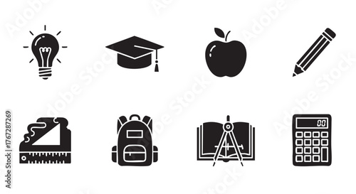 Back to School Vector Icon Set with Lightbulb Graduation Hat Backpack
