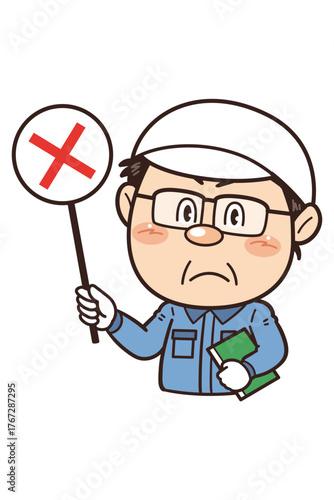 工場や現場で働く男性作業員がバツのプラカードを掲げている正解イラスト｜不安全行動・不安全状態・労働災害