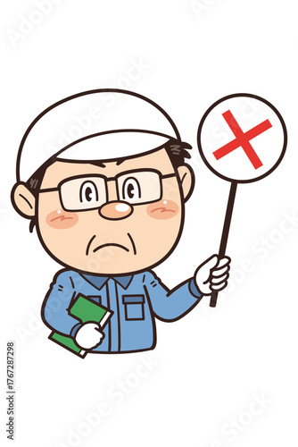 工場や現場で働く男性作業員がバツのプラカードを掲げている正解イラスト｜不安全行動・不安全状態・労働災害