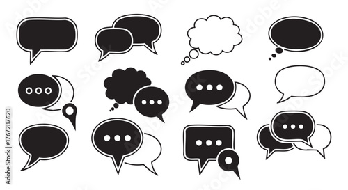 Black and white set of different speech bubbles for communication