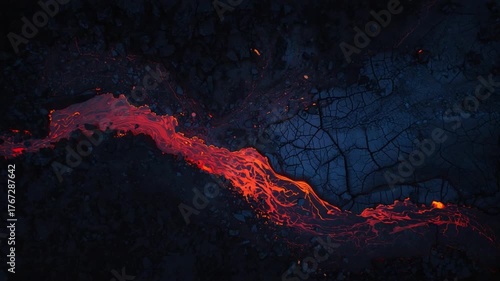 Fiery red lava flowing through dark cracked earth and volcanic rock at night magma fire