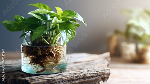 Pothos plant, with roots in water, in a glass vase on a rustic wooden surface, close up view, copy space.