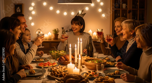 Family Toasting New Year Holiday Dinner in Cozy Candlelit Home Setting