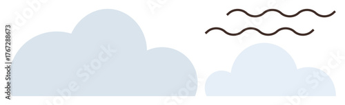Blue clouds alongside wavy black lines representing wind movement. Ideal for weather, tranquility, nature, flight, air quality, simplicity, clean energy. A simple flat metaphor