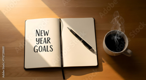 Woman Writing New Year Goals and Resolutions in Notebook on Wooden Desk