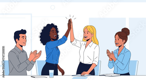 Diverse colleagues celebrating success in an office during a business meeting with a high-five and applause.