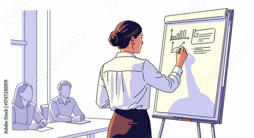 A businesswoman writing on whiteboard while coworkers interact in office setting