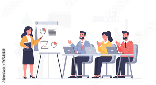 Businesswoman presenting data on a whiteboard to an applauding team during a corporate meeting.