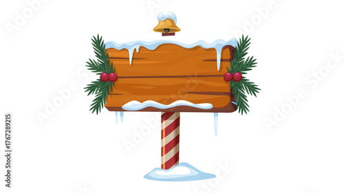 Festive wooden christmas signpost decorated with snow icicles holly berries and pine branches isolated on transparent background