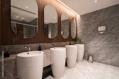 Modern and Luxurious Public Restroom Interior with Oval Mirrors, Pedestal Sinks, and Marble Walls