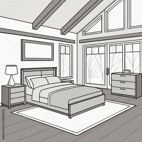 Vector art of a cozy bedroom with a bed, nightstand, lamp, rug, dresser, and large windows