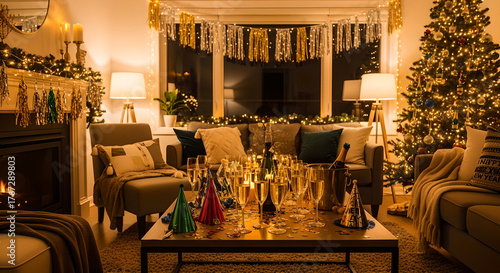 Cozy New Year's Eve Living Room Interior with Christmas Tree and Fireplace