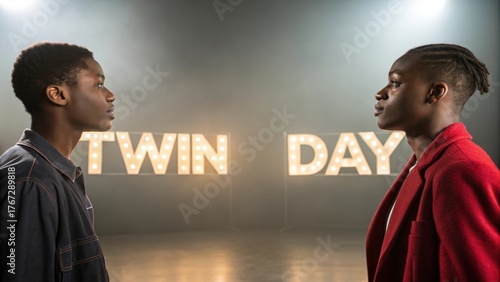 Two twins holding illuminated letters creating Twin Day