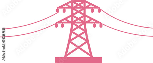 High voltage transmission tower, pink power pylon, electricity infrastructure, energy grid illustration, lattice structure, electric lines, stylized vector drawing, utility pole art