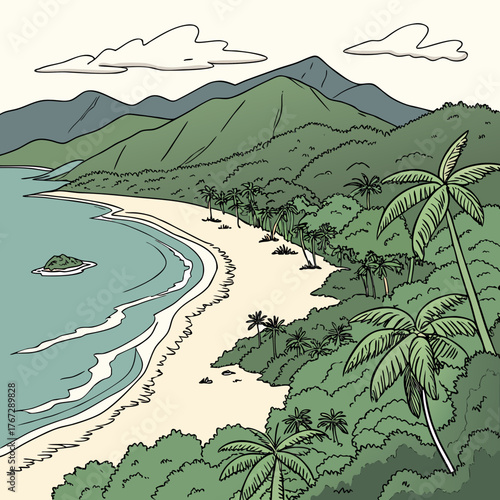 Vector art of a serene coastal landscape illustration featuring a pristine beach, lush green mountains, and swaying palm trees