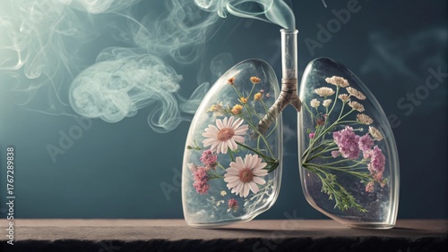 Transparent Glass Lungs Filled With Flowers Emitting Smoke