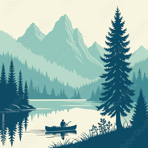Vector art of a serene lake scene with mountains, trees, and a person in a canoe, creating a peaceful and scenic landscape
