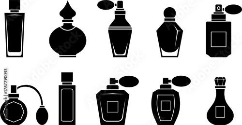 Perfume bottle silhouette vector set. Modern black-and-white illustration of elegant fragrance bottles, perfect for beauty, fashion, cosmetic packaging, and luxury branding designs.