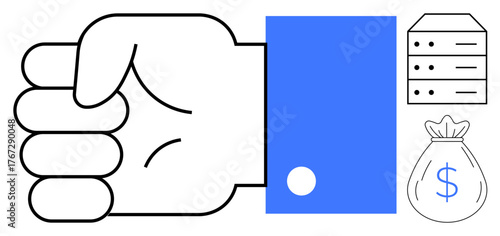 Closed hand in formal sleeve next to server files and a bag of money representing authority, data management, and financial control. Ideal for business, finance, technology, data security, banking