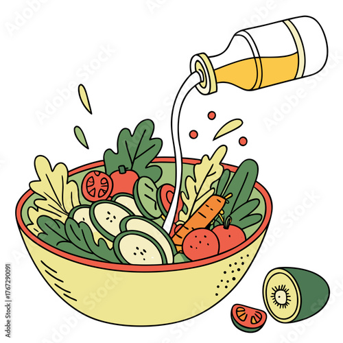 Vector art of fresh salad with dressing being poured, healthy eating concept
