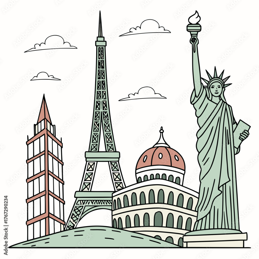 Obraz premium Vector art of landmarks of the world, including the eiffel tower, the statue of liberty, and other famous buildings