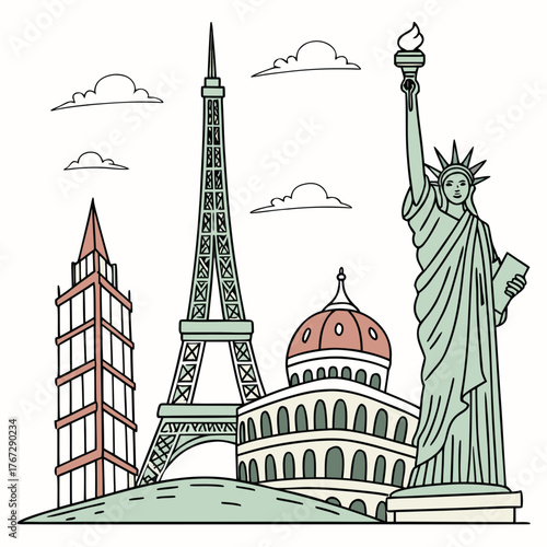 Vector art of landmarks of the world, including the eiffel tower, the statue of liberty, and other famous buildings