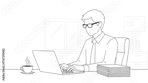 Single Office Worker Line Art — Employee Typing on Laptop with Coffee and Documents, Minimal Office Interior Vector Illustration