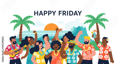 Group of diverse people celebrating happy friday with tropical beach party vibes wearing leis playing ukulele and enjoying cocktails under palm trees with a vibrant sunset backdrop creating a festive 