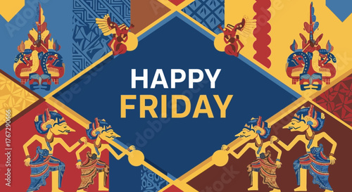Colorful happy friday greeting card with traditional wayang puppets and geometric patterns creating a festive and culturally rich design perfect for social media posts and celebrations