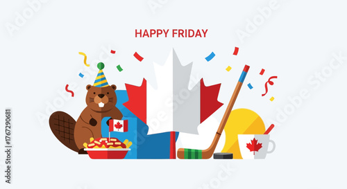 Cheerful canada day celebration with a beaver wearing a party hat poutine hockey stick and maple leaf mug against a festive background with confetti and a maple leaf wishing everyone a happy friday