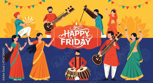 People celebrating happy friday with traditional indian music and dance in colorful attire creating a festive and joyful atmosphere for cultural events and celebrations
