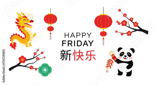 Celebrating happy friday with chinese new year elements including a dragon lanterns plum blossoms and a panda holding firecrackers creating a festive and joyful atmosphere for the holiday season