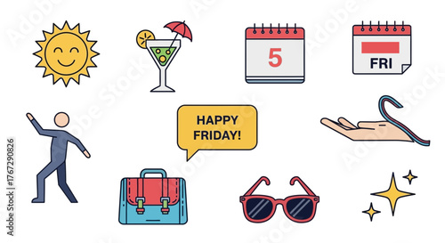 Happy friday icons set featuring a sun cocktail calendar dancing person briefcase sunglasses hand and stars representing the joy and relaxation of the end of the work week