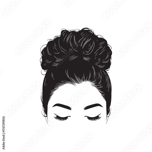 stylish woman face with closed eyes and messy high bun hairstyle vector illustration.