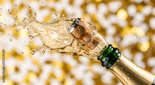 Champagne Bottle Popping Cork and Splashing Dramatically for New Year's Celebration