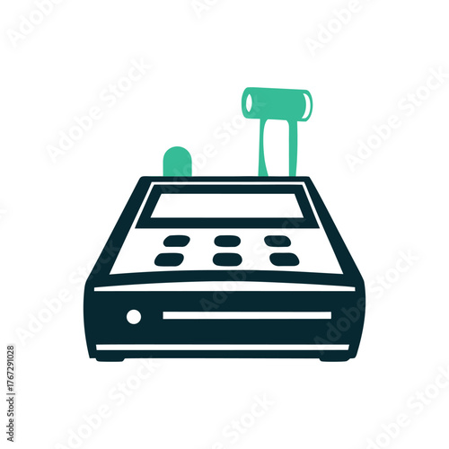 Minimalist Cash Register Icon, Point of Sale A solid gray cash register with simple buttons faces forward
