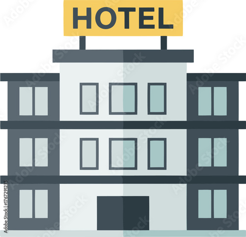 A flat vector illustration of a modern hotel building with a yellow sign on top.