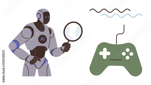 Robot with AI emblem holds magnifying glass, examining green gaming controller against squiggly lines. Ideal for AI, gaming technology, innovation, machine learning, research, analysis, digital