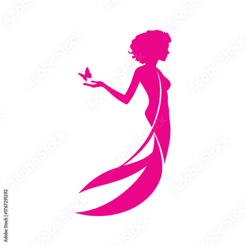 vibrant hot pink silhouette of a graceful woman holding a butterfly vector illustration.