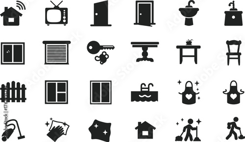 Household icons set, home furniture symbols, cleaning tools, domestic chores, interior elements, black silhouette vector, modern lifestyle, editable design assets