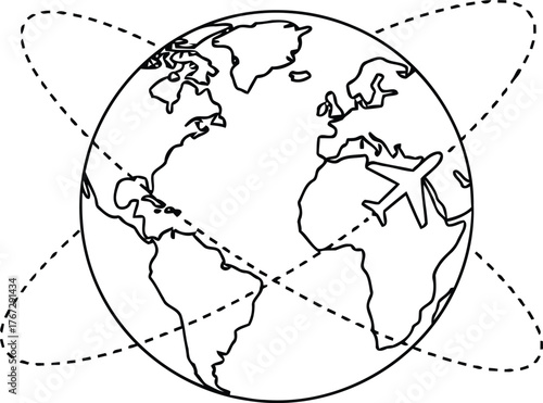 Illustration of a globe with an airplane flying around it.