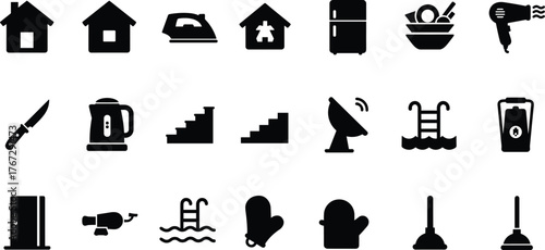 Household item icon set, black silhouette vector, domestic appliance and activity symbols, minimal home tools illustration for UI, infographic, and design use