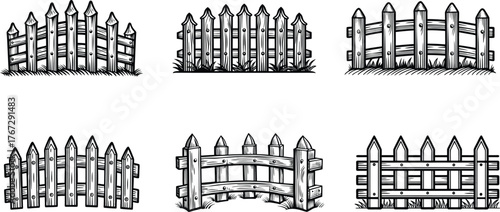 Monochrome Illustration Collection of Six Cartoon Wooden Picket Fences with Different Designs