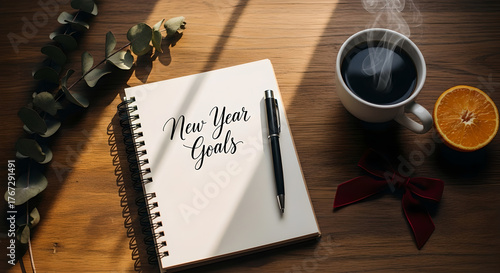 Woman Writing New Year Goals and Resolutions in Notebook on Wooden Desk