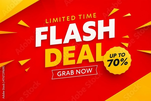 Dynamic red and yellow flash deal banner announcing limited time offer up to 70 percent off grab now