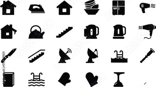 Household item silhouette icons, black vector symbols of home appliances, kitchen tools, furniture, utilities, interior elements, domestic equipment, editable design assets
