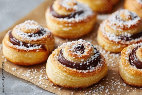 Wallpaper Mural Mini puff pastry pinwheels with chocolate filling, dusted with powdered sugar, arranged on a rustic parchment background, showcasing delightful baked treats for dessert lovers Torontodigital.ca