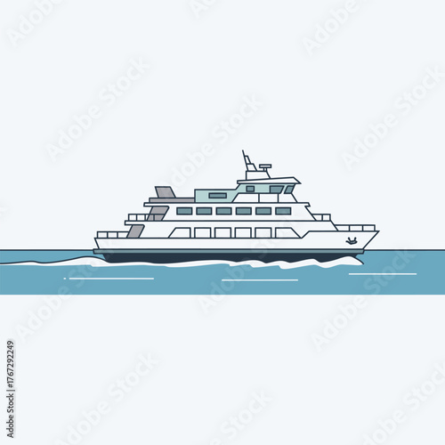 A clean line art illustration of a white ferry boat sailing on blue water with a wake.